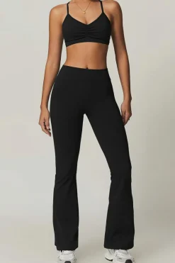 Hot Dear-Lover Mid Rise Back Buttoned Flap Pocket Sports Flared Leggings Black