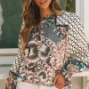 Discount Dear-Lover Mixed Floral Geometric Print Ruffled Long Sleeve Blouse Black
