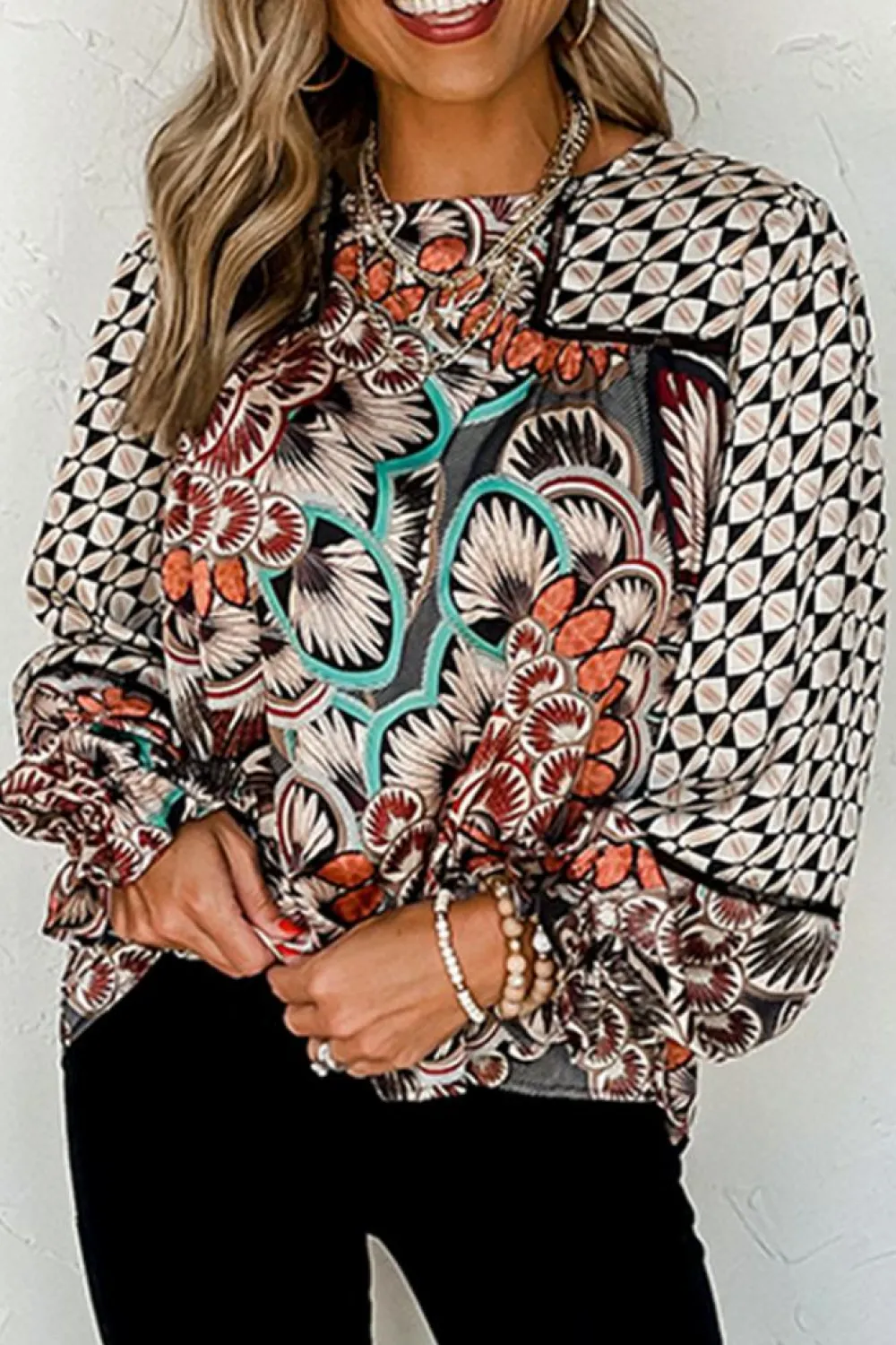 Discount Dear-Lover Mixed Floral Geometric Print Ruffled Long Sleeve Blouse Black