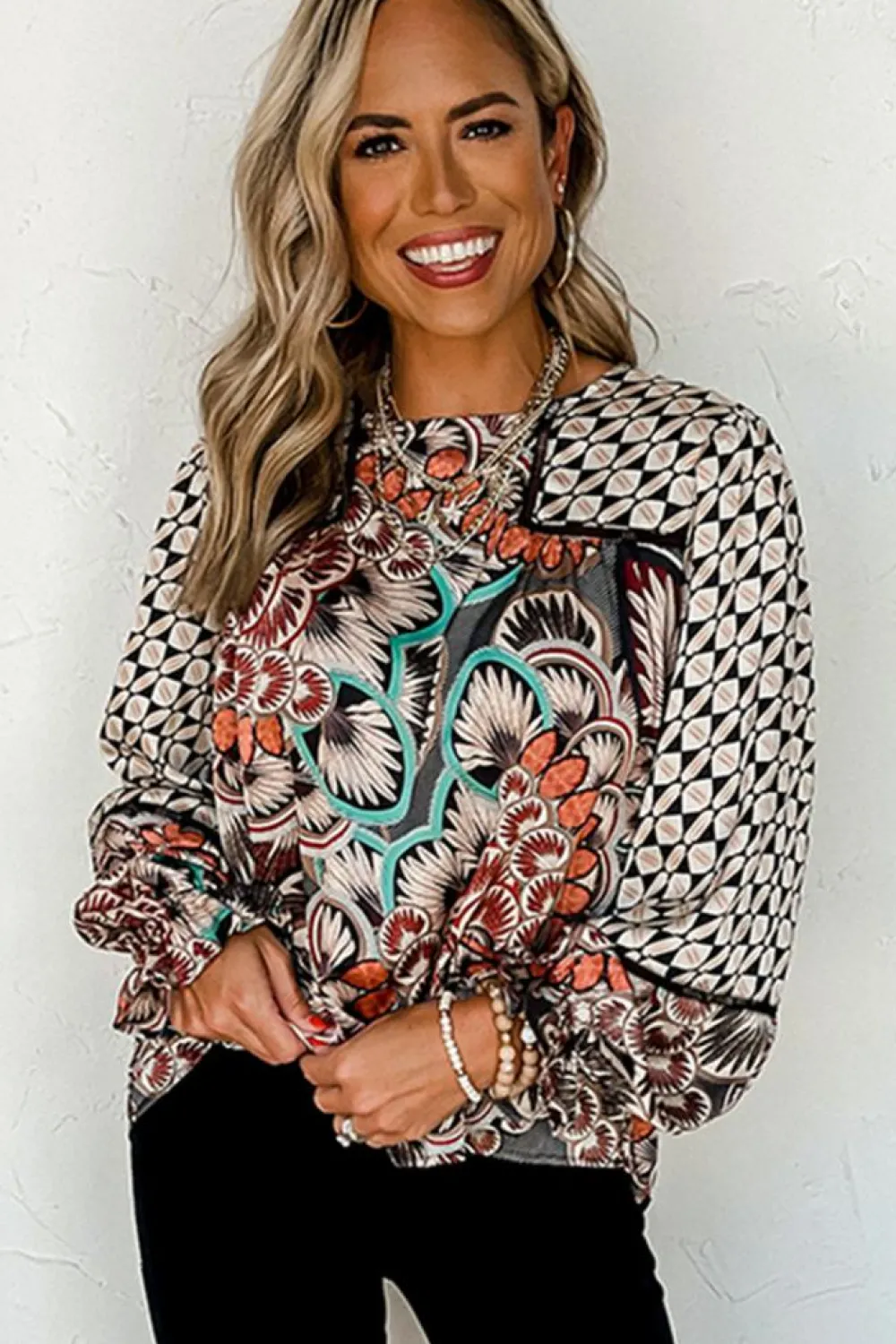 Discount Dear-Lover Mixed Floral Geometric Print Ruffled Long Sleeve Blouse Black