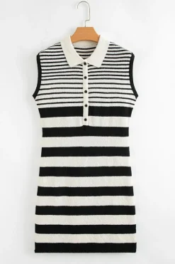 Best Dear-Lover Mixed Striped Print Half Placket Collared Cap Sleeve Bodycon Sweater Dress Black