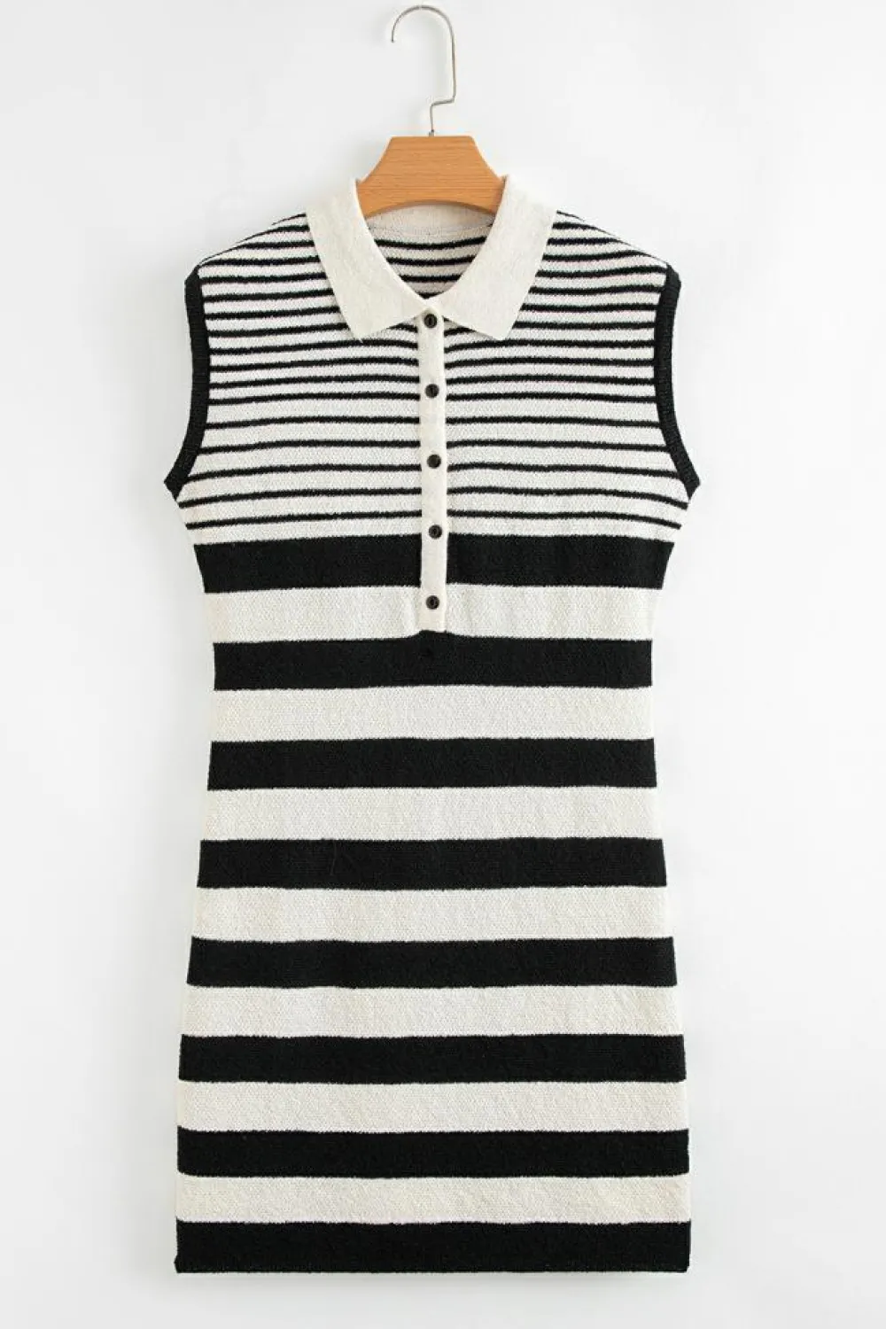 Best Dear-Lover Mixed Striped Print Half Placket Collared Cap Sleeve Bodycon Sweater Dress Black