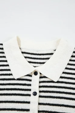 Best Dear-Lover Mixed Striped Print Half Placket Collared Cap Sleeve Bodycon Sweater Dress Black