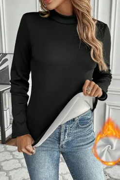 Hot Dear-Lover Mock Neck Thermal Lined Long Sleeve Tee Black