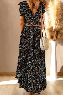 Best Dear-Lover Black Multicolor Floral Ruffled Crop Top and Maxi Skirt Set Black-2