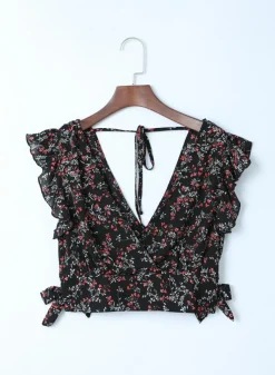 Best Dear-Lover Black Multicolor Floral Ruffled Crop Top and Maxi Skirt Set Black-2