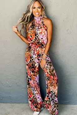 Clearance Dear-Lover Multicolor Leopard Print Halter Tank Top and Pants Set Black