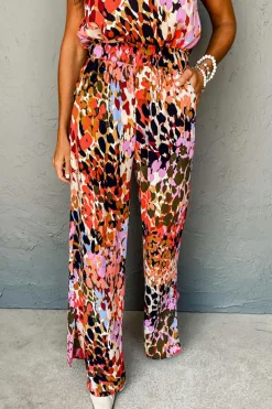 Clearance Dear-Lover Multicolor Leopard Print Halter Tank Top and Pants Set Black