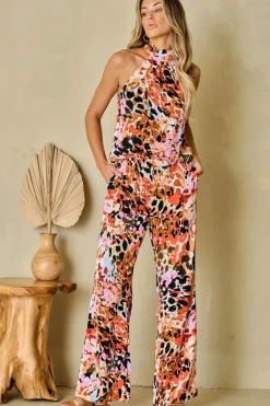 Clearance Dear-Lover Multicolor Leopard Print Halter Tank Top and Pants Set Black
