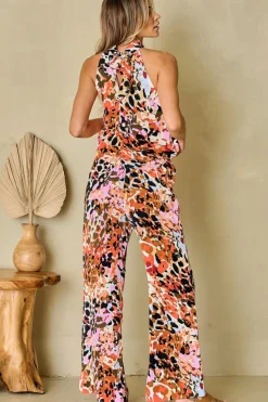 Clearance Dear-Lover Multicolor Leopard Print Halter Tank Top and Pants Set Black