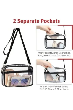 Fashion Dear-Lover Multi-Pocket Contrast Edge Detachable Strap Clear Shoulder Bag Black