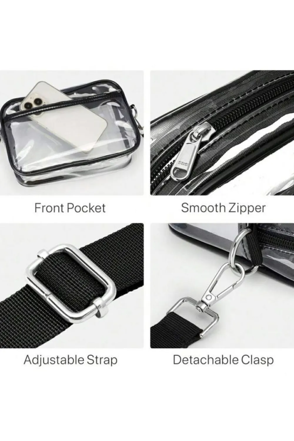 Fashion Dear-Lover Multi-Pocket Contrast Edge Detachable Strap Clear Shoulder Bag Black