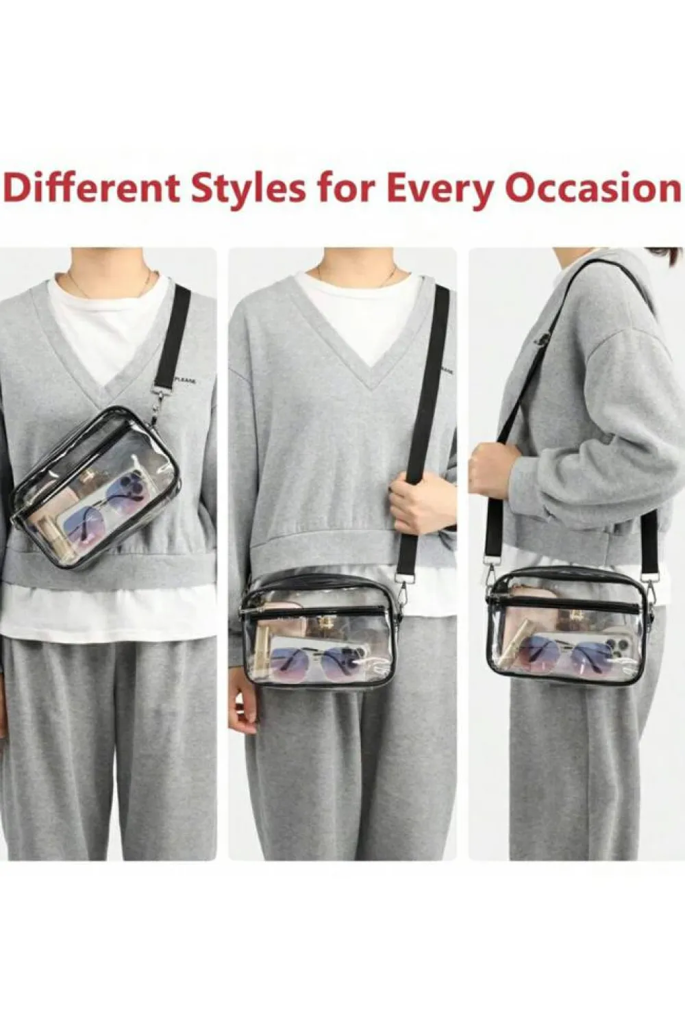 Fashion Dear-Lover Multi-Pocket Contrast Edge Detachable Strap Clear Shoulder Bag Black