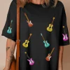Hot Dear-Lover Music Lovers Sequined Guitars Dropped Shoulder T Shirt Black
