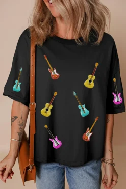 Hot Dear-Lover Music Lovers Sequined Guitars Dropped Shoulder T Shirt Black