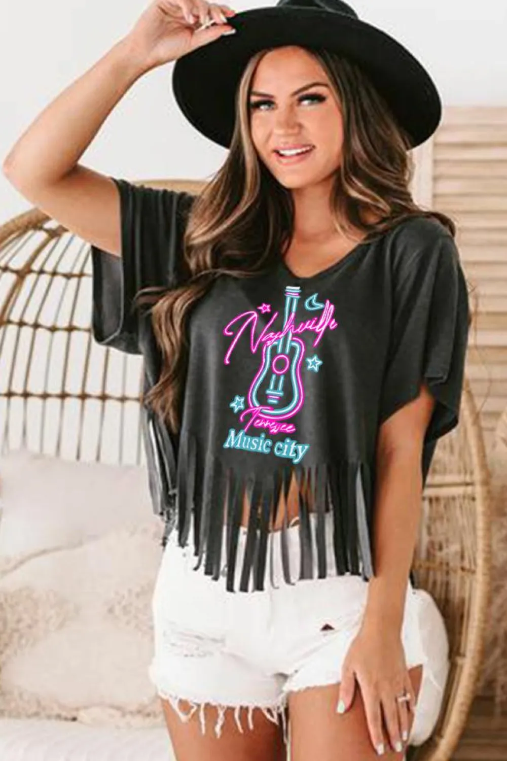 Outlet Dear-Lover Nashville Forever V Neck Fringed Graphic Tee Black