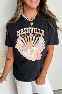 Fashion Dear-Lover Nashville Music City Guitar Angel Wing Graphic Tee Black