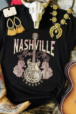 Best Dear-Lover Nashville Music City Leopard Guitar Graphic T Shirt Black