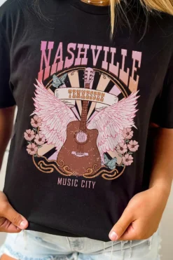 Hot Dear-Lover NASHVILLE Music City Graphic Print Short Sleeve Top Black