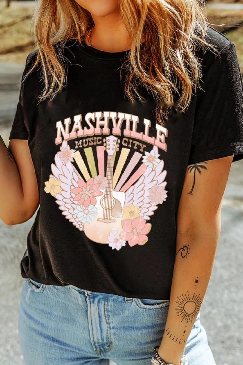 Fashion Dear-Lover Nashville Music City Guitar Angel Wing Graphic Tee Black