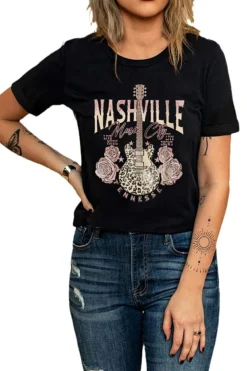 Best Dear-Lover Nashville Music City Leopard Guitar Graphic T Shirt Black