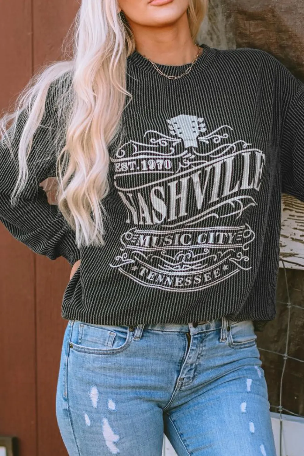 Clearance Dear-Lover NASHVILLE MUSIC CITY Corded Graphic Sweatshirt Black