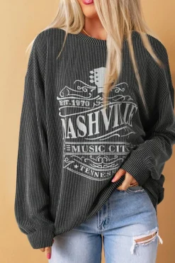 Clearance Dear-Lover NASHVILLE MUSIC CITY Corded Graphic Sweatshirt Black