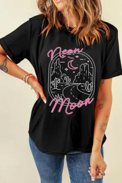 Outlet Dear-Lover neon moon Letter Graphic Short Sleeve Top Black