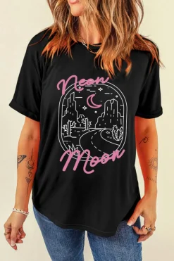 Outlet Dear-Lover neon moon Letter Graphic Short Sleeve Top Black