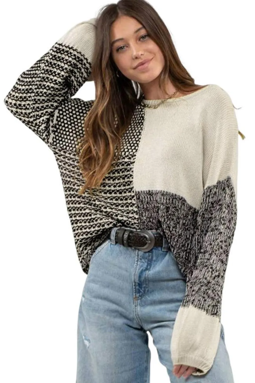 Sale Dear-Lover Neutral Colorblock Tie Back Sweater Black