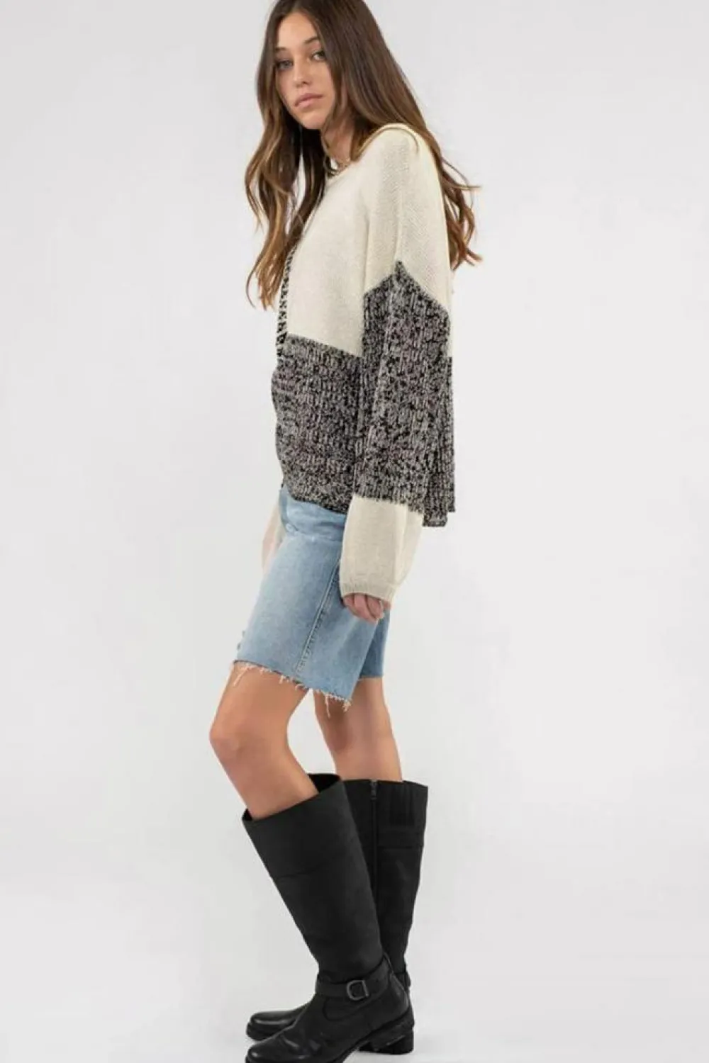 Sale Dear-Lover Neutral Colorblock Tie Back Sweater Black