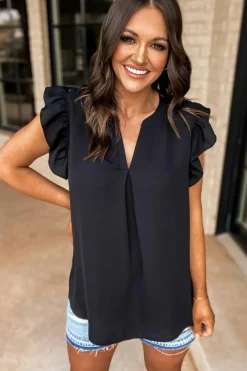 Hot Dear-Lover Notched Neck Ruffle Sleeve Blouse Black