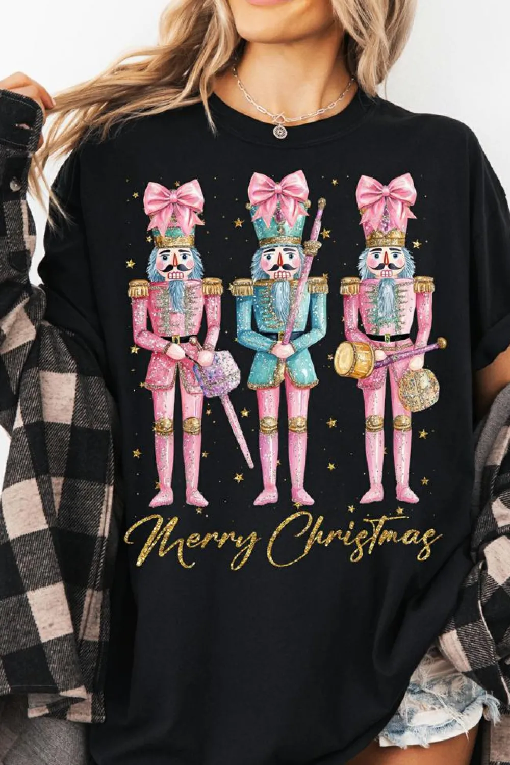 Discount Dear-Lover Nutcracker Merry Christmas Printed Crewneck T Shirt Black