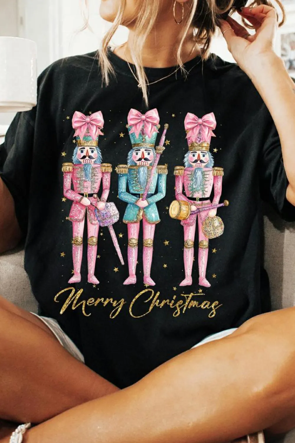 Discount Dear-Lover Nutcracker Merry Christmas Printed Crewneck T Shirt Black