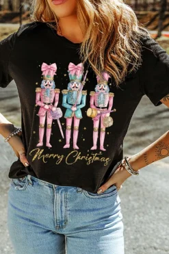 Discount Dear-Lover Nutcracker Merry Christmas Printed Crewneck T Shirt Black