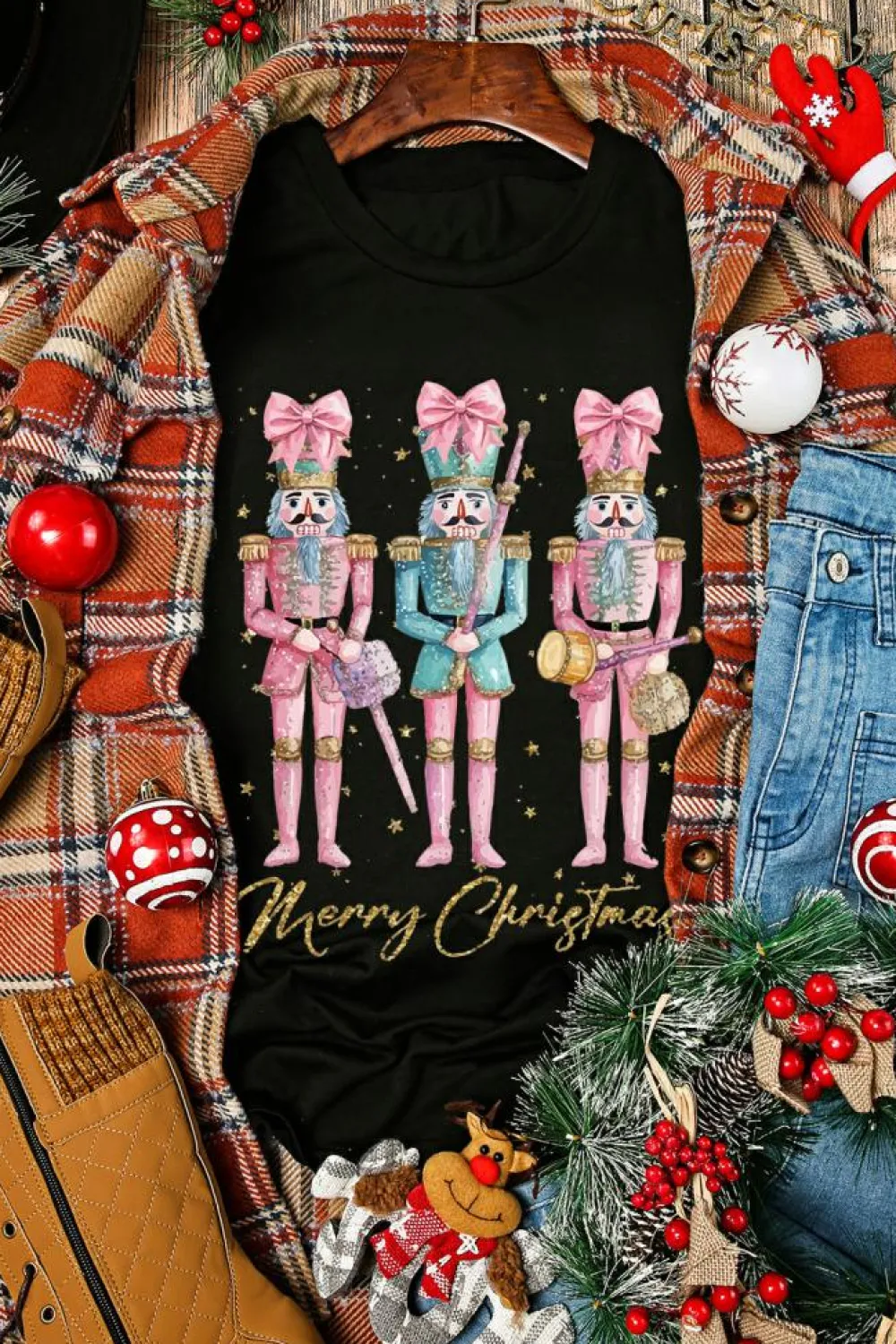 Discount Dear-Lover Nutcracker Merry Christmas Printed Crewneck T Shirt Black