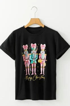 Discount Dear-Lover Nutcracker Merry Christmas Printed Crewneck T Shirt Black