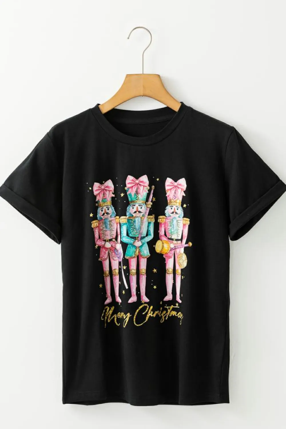 Discount Dear-Lover Nutcracker Merry Christmas Printed Crewneck T Shirt Black