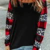 Sale Dear-Lover Off Shoulder Plaid&Leopard Print Long Sleeve Top Black