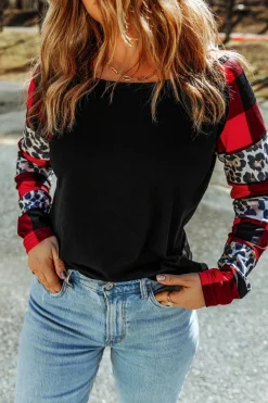 Sale Dear-Lover Off Shoulder Plaid&Leopard Print Long Sleeve Top Black