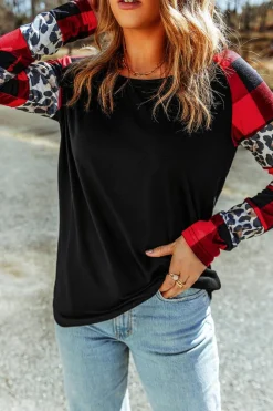 Sale Dear-Lover Off Shoulder Plaid&Leopard Print Long Sleeve Top Black