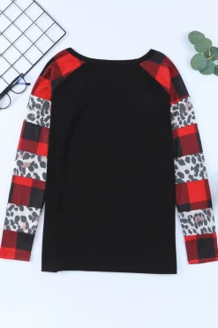 Sale Dear-Lover Off Shoulder Plaid&Leopard Print Long Sleeve Top Black