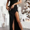 Outlet Dear-Lover One Shoulder High Slit Glitter Dress Black