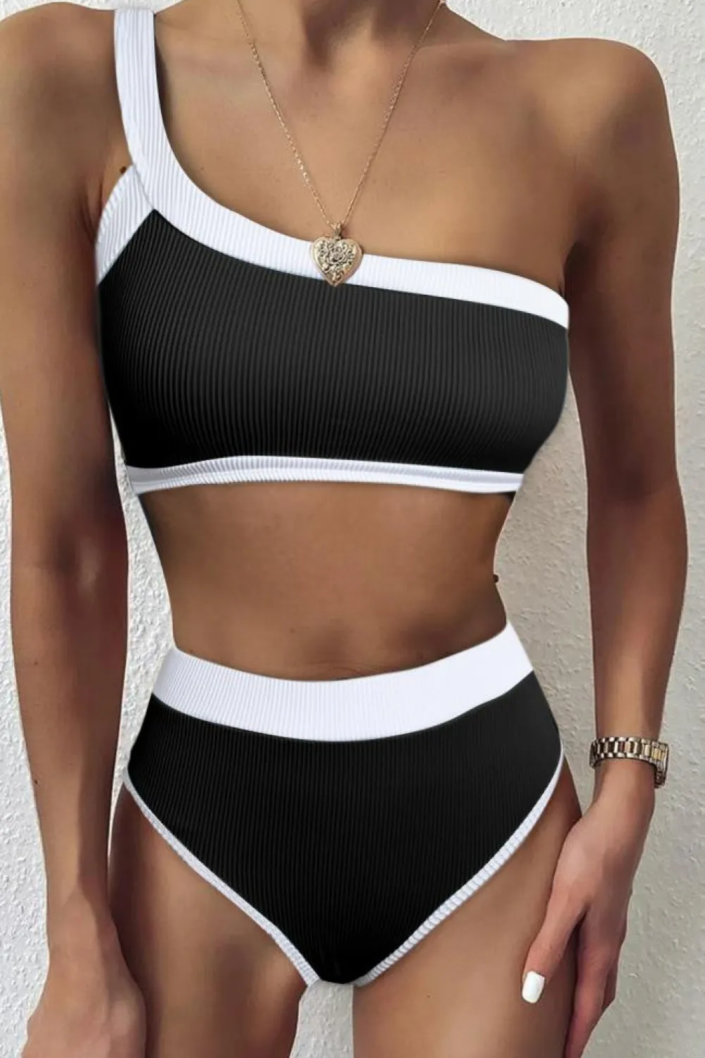 Discount Dear-Lover One Shoulder Patchwork High-waisted Bikini Set Black