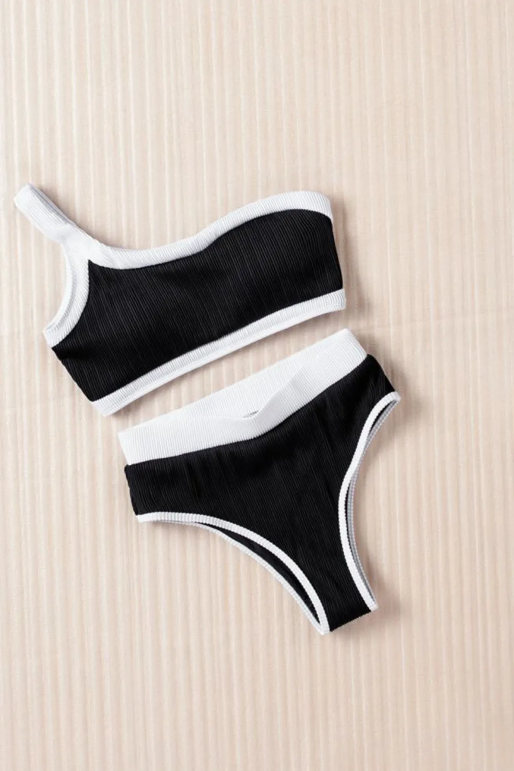 Discount Dear-Lover One Shoulder Patchwork High-waisted Bikini Set Black
