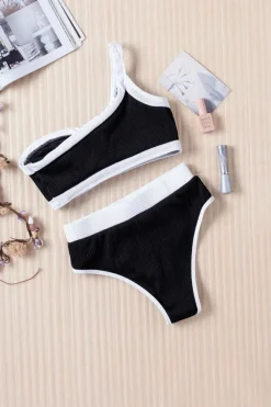 Discount Dear-Lover One Shoulder Patchwork High-waisted Bikini Set Black