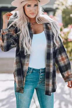 New Dear-Lover Oversize Rounded Hem Plaid Shacket with Slits Black