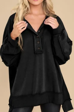 Online Dear-Lover Oversized Exposed Seam Henley Sweatshirt Black