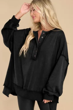 Online Dear-Lover Oversized Exposed Seam Henley Sweatshirt Black