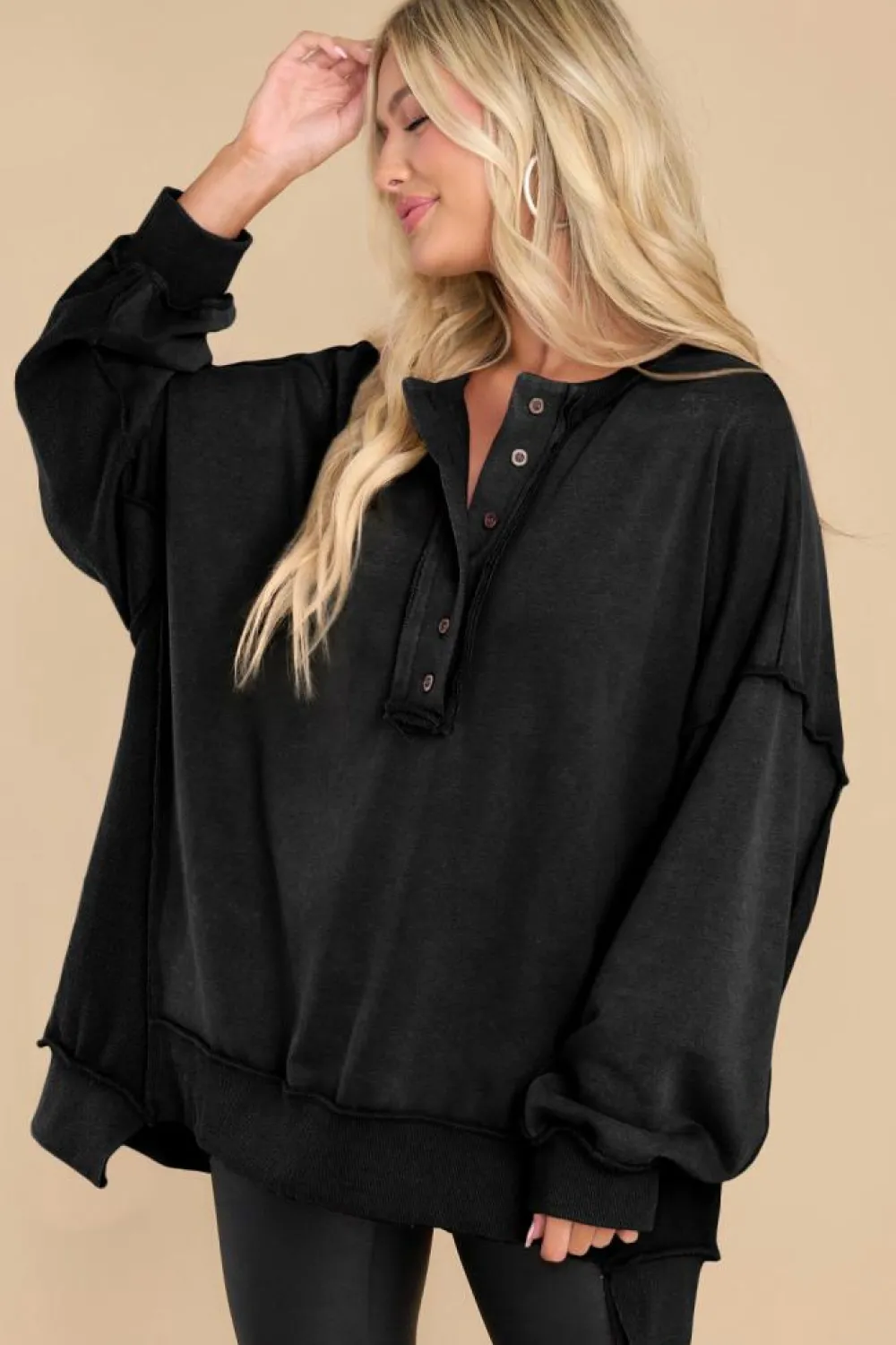 Online Dear-Lover Oversized Exposed Seam Henley Sweatshirt Black